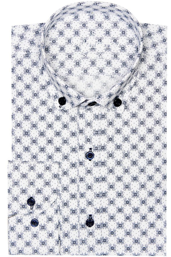 Мужская рубашка slim fit белая с отложным воротником и узором