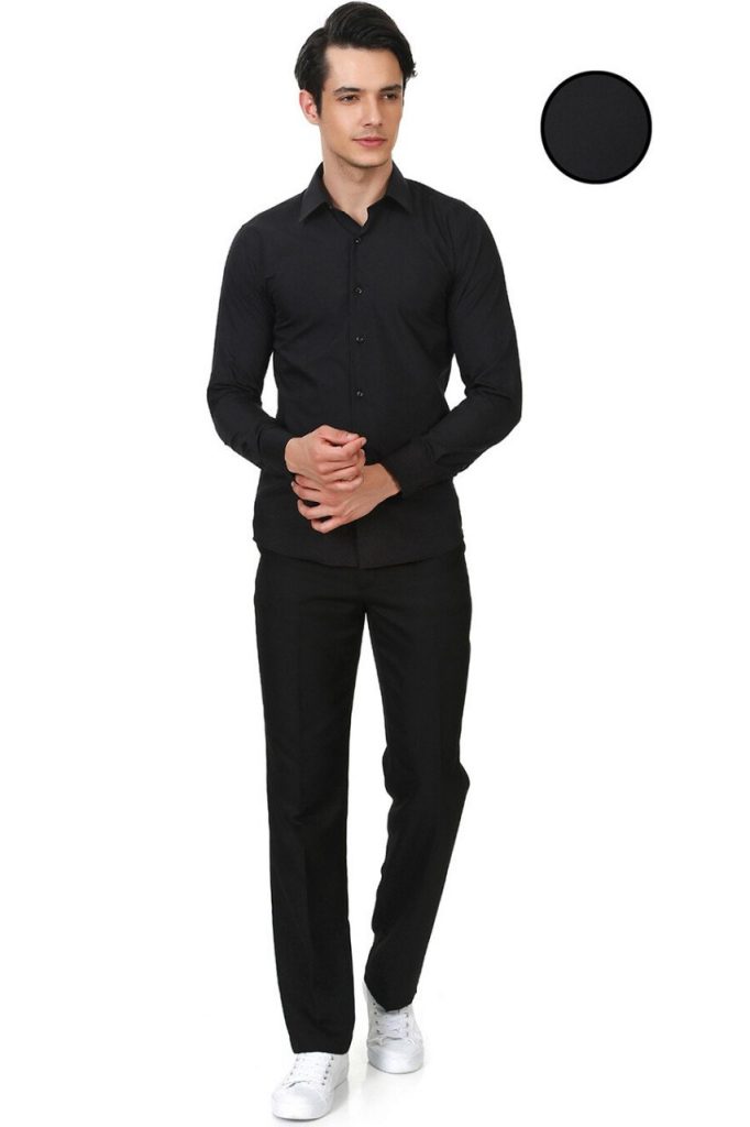 Мужская черная прямая стильная сорочка с длинными рукавами Slim Fit с одним карманом