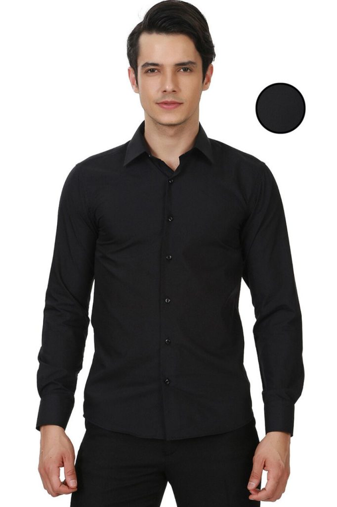 Мужская черная прямая стильная сорочка с длинными рукавами Slim Fit с одним карманом — изображение 2