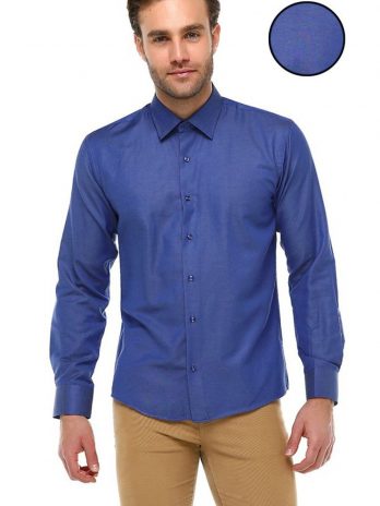 Мужская темно-синяя прямая slim fit рубашка с длинным рукавом и одним карманом