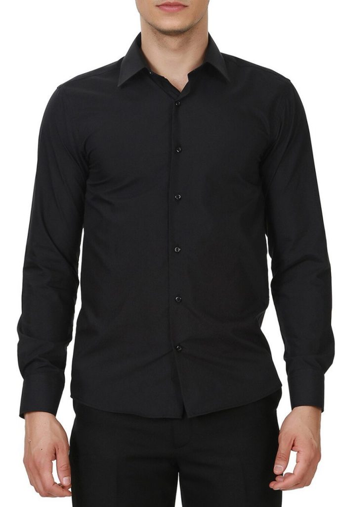 Мужская черная прямая стильная сорочка с длинными рукавами Slim Fit с одним карманом — изображение 3