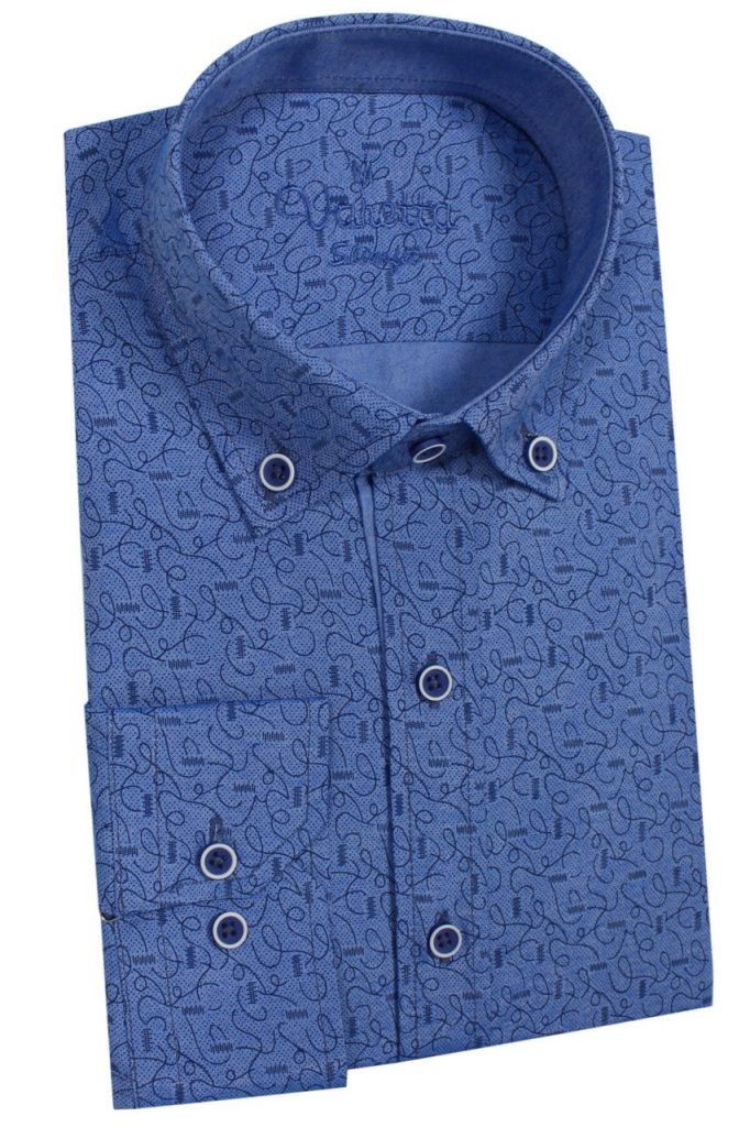Мужская рубашка с длинным рукавом Slim Fit темно-синего цвета, с одним карманом и складками на рукавах