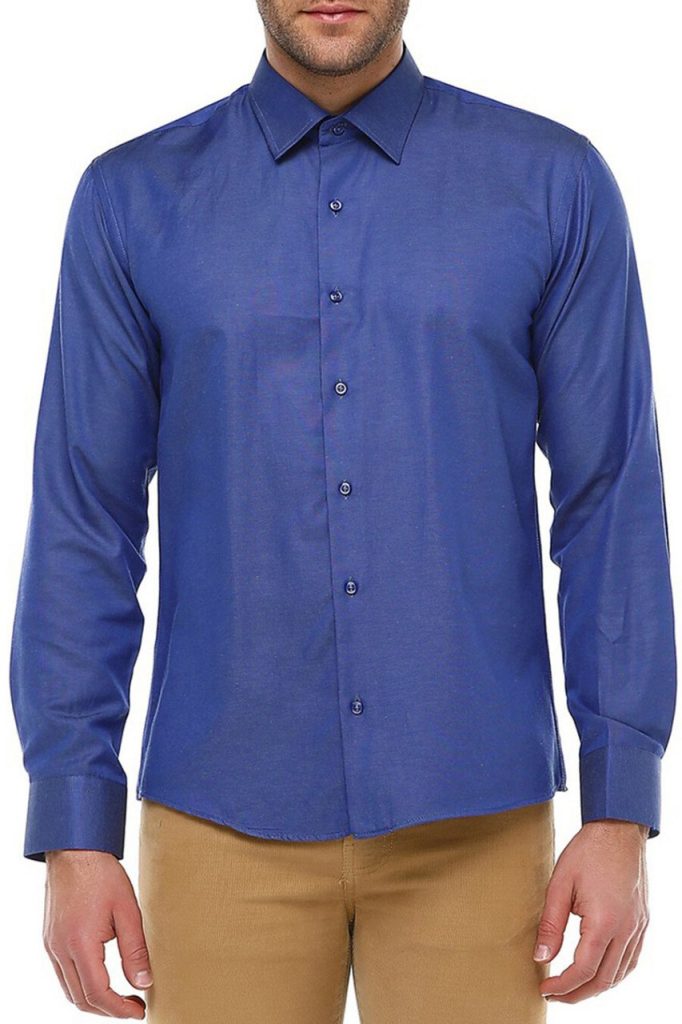Мужская темно-синяя прямая slim fit рубашка с длинным рукавом и одним карманом — изображение 3