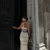 Платье для женщин бежевое с вырезами и ажурной вязкой, летнее длинное трико, стандартный размер, подходит на 34-40 размеры — изображение 4