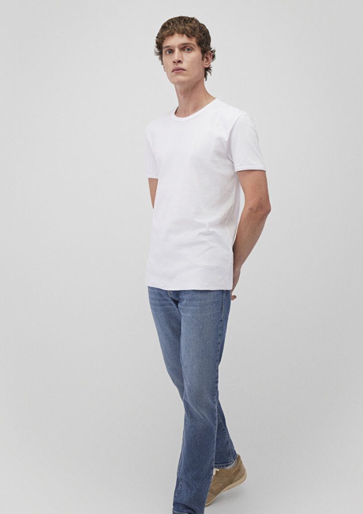 Белая футболка с рибаной, 100% хлопок, Slim Fit, круглый вырез, короткий рукав, Super Soft ткань, доступные размеры S-XXL
