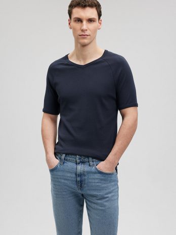 Футболка с v-образным вырезом и ribana, темно-синяя, 100% хлопок, slim fit, короткий рукав, мягкая ткань, бренд MAVI, размеры S, XS, L, XXL, M