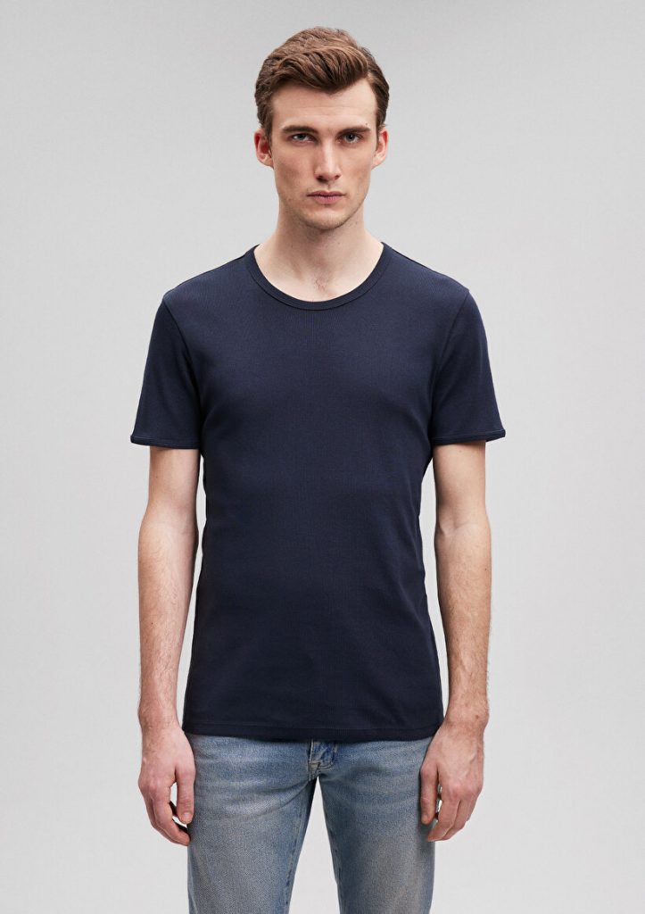 Футболка с рибаной, темно-синяя, 100% хлопок, slim fit, круглый вырез, короткий рукав, супер мягкая ткань, размер XS — изображение 2