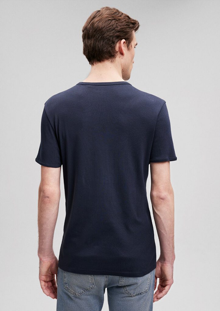 Футболка с рибаной, темно-синяя, 100% хлопок, slim fit, круглый вырез, короткий рукав, супер мягкая ткань, размер XS — изображение 3