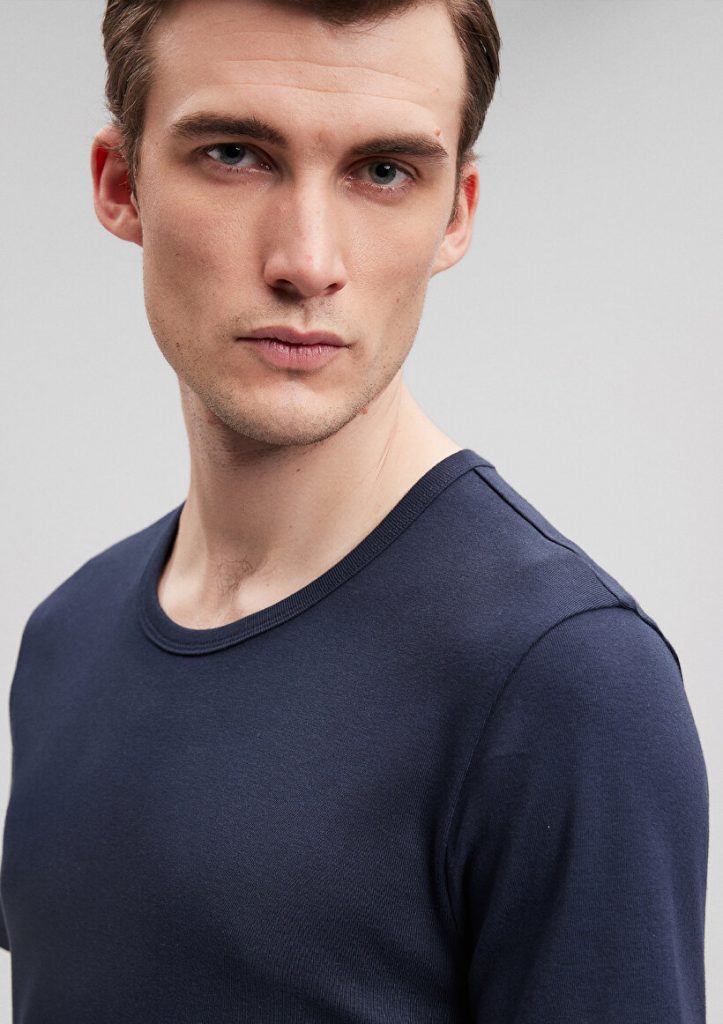 Футболка с рибаной, темно-синяя, 100% хлопок, slim fit, круглый вырез, короткий рукав, супер мягкая ткань, размер XS — изображение 5
