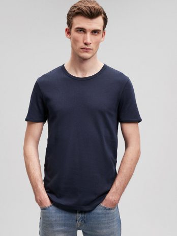 Футболка с рибаной, темно-синяя, 100% хлопок, slim fit, круглый вырез, короткий рукав, супер мягкая ткань, размер XS
