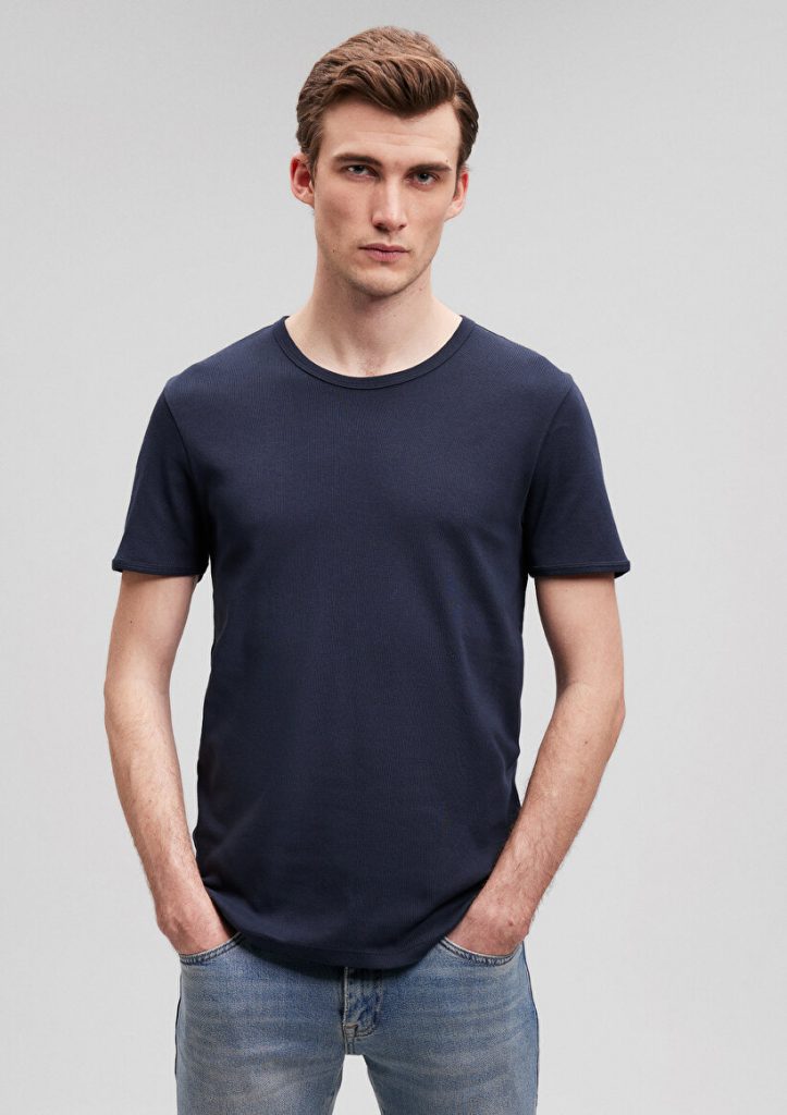 Футболка с рибаной, темно-синяя, 100% хлопок, slim fit, круглый вырез, короткий рукав, супер мягкая ткань, размер XS