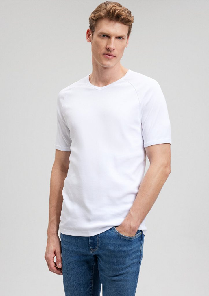 Т-shirt белый с V-образным вырезом и рибаной от MAVI, 100% хлопок, slim fit, короткий рукав, супер мягкий материал, размер XS