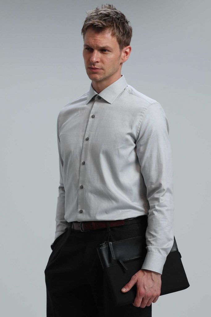 Мужская базовая рубашка slim fit серого цвета, размер S — изображение 3