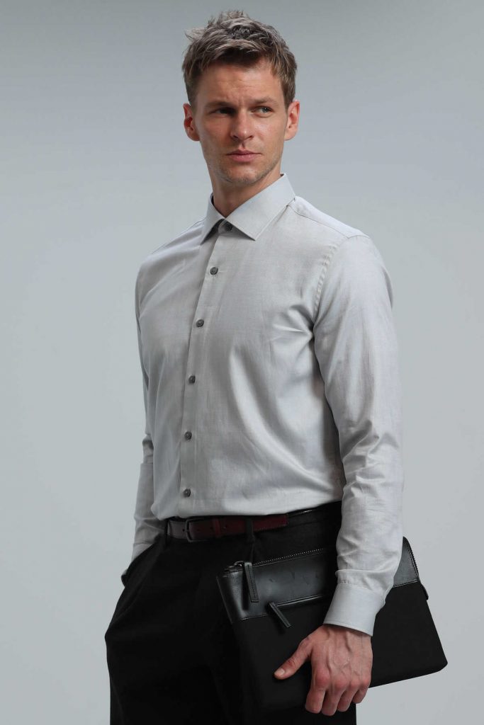 Мужская базовая рубашка slim fit серого цвета, размер S — изображение 5