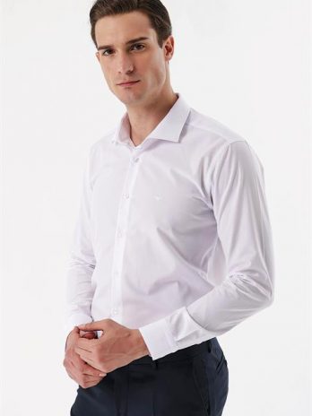 Мужская белая базовая рубашка slim fit без карманов из 65% полиэстера и 35% хлопка с длинными рукавами и пуговичной застежкой