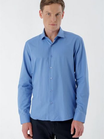 Мужская slim fit рубашка Morven голубого цвета с узором, итальянским воротником, без карманов, 60% хлопок, 40% полиэстер