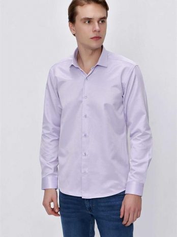 Мужская лиловая рубашка Slim Fit с жаккардовым узором, %60 хлопок %40 полиэстер, длинный рукав, без карманов, пуговичная застежка