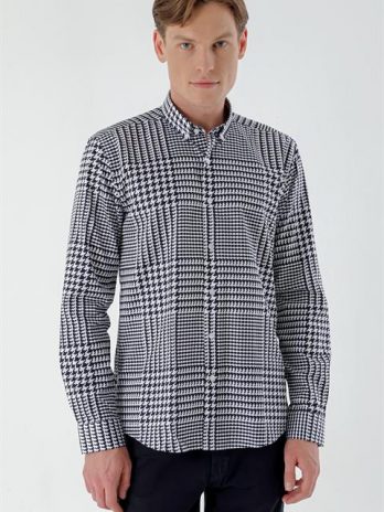 Мужская темно-синяя хлопковая рубашка с принтом в стиле Slim Fit без карманов