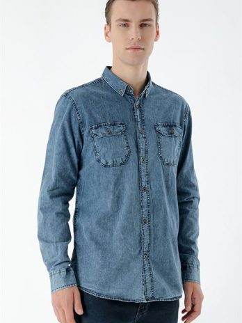 Мужская oversize рубашка из денима Morven, голубая, 60% хлопка, 40% полиэстера, длинный рукав, классическая посадка, без карманов, без подкладки