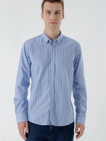 Мужская синяя рубашка с полоской, воротник на пуговках, slim fit, 100% хлопок, длинный рукав, без подкладки, без разрезов