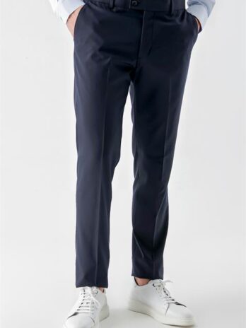 Мужские темно-синие классические брюки slim fit из полиэстера, вискозы и эластана с кнопкой и молнией, карманы сбоку