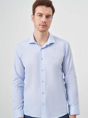 Мужская синяя рубашка с узором Slim Fit из 60% хлопка и 40% полиэстера с длинным рукавом и итальянским воротником