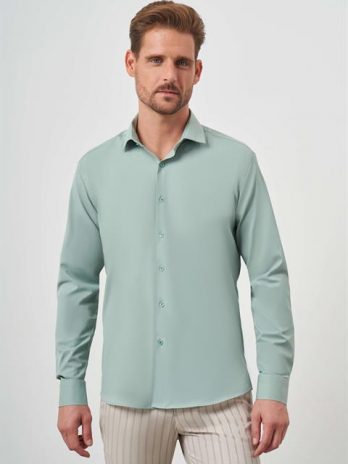 Мужская однотонная рубашка цвета морской волны с итальянским воротником, slim fit, без карманов, длинный рукав, из полиэстера и вискозы