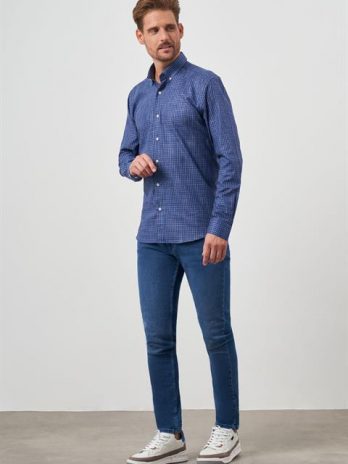 Мужская синяя хлопковая рубашка с принтом, с按钮 на воротнике, slim fit, без карманов, длинный рукав, без подкладки, без разрезов