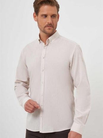 Мужская бежевая льняная рубашка на пуговицах, Slim Fit, 70% хлопок, 30% лен, без карманов, длинный рукав