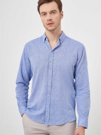 Мужская темно-синяя льняная рубашка slim fit с кнопками и без карманов, 70% хлопок, 30% лен, длинные рукава