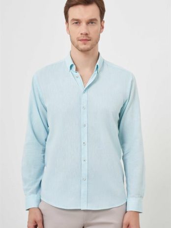 Мужская рубашка морской зелени из льна с кнопочным воротником Slim Fit