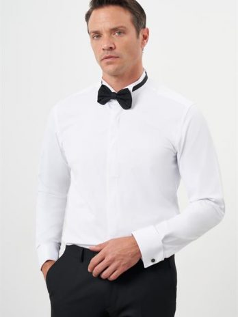 Мужская белая рубашка с воротником-стоечкой, Slim Fit, 57% хлопка, длинный рукав, кнопочная застежка, стильный и удобный