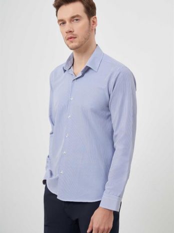 Мужская голубая сорочка slim fit с полоской и жестким воротником из 56% хлопка и 44% полиэстера, длинный рукав, размеры S-XXL