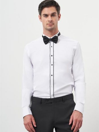Мужская черная рубашка с воротником-стойкой Slim Fit без карманов из 57% хлопка, 40% полиэстера, 3% лайкры