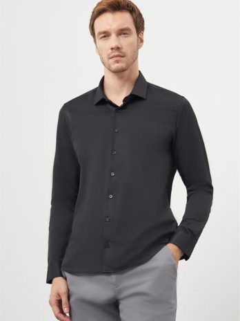 Мужская черная базовая рубашка Slim Fit с итальянским воротником, 57% хлопок, 40% полиэстер, 3% эластан, без карманов, на пуговицах