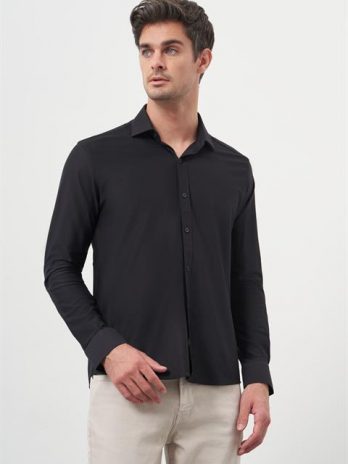 Мужская черная стильная рубашка с итальянским воротником Slim Fit