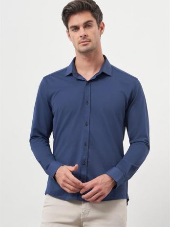 Мужская темно-синяя рубашка Slim Fit с итальянским воротником, 70% хлопка, 30% полиэстера, без карманов, длинный рукав
