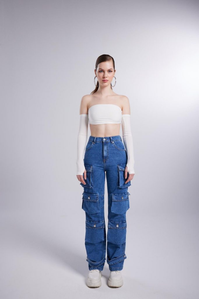 Карманы джинсы с высокой талией, свободные, цвет синий, размеры XS / 24, S / 26, M / 28, L / 30