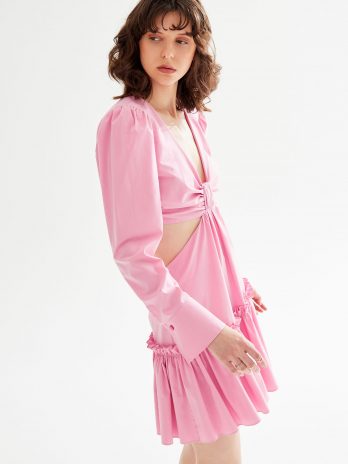 Мини-платье с узлом от Moda Tutkusu, р. 36, 44, 40, 42, 76% хлопок, стильное, повседневное, V-образный вырез, рюшами, для стирки в холодной воде