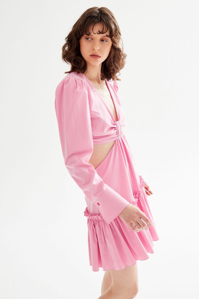Мини-платье с узлом от Moda Tutkusu, р. 36, 44, 40, 42, 76% хлопок, стильное, повседневное, V-образный вырез, рюшами, для стирки в холодной воде