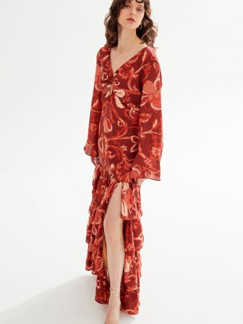 Коричневое платье с длинным рукавом и разрезами от Moda Tutkusu, цветочный узор, V-образный вырез, 36 размер, стильное и комфортное