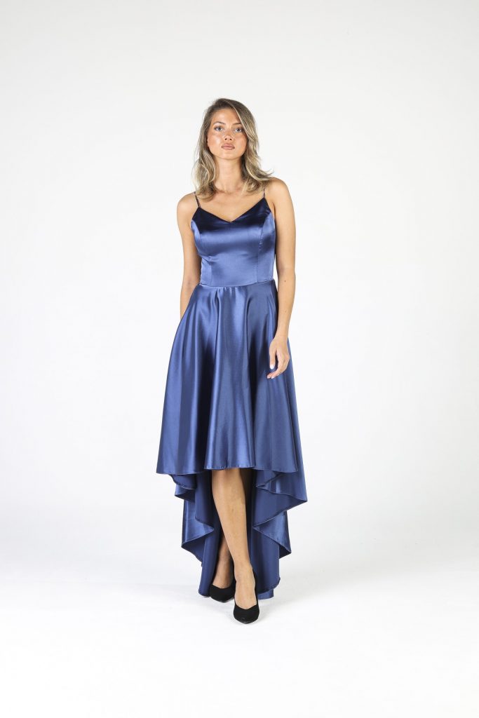 Длинное сатиновое платье ALİS DRESS индиго с тонкими бретелями, модель 36, 38, 40 для женщин