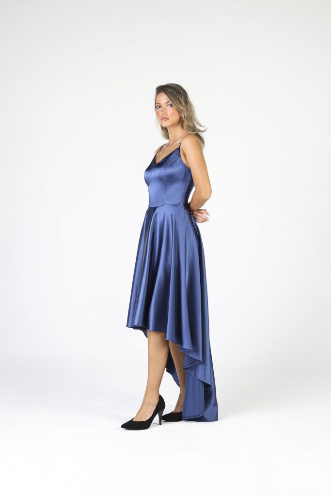 Длинное сатиновое платье ALİS DRESS индиго с тонкими бретелями, модель 36, 38, 40 для женщин — изображение 4