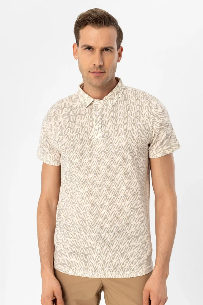 Футболка с узором поло, Slim Fit, 100% полиэстер, цвет экрю, размеры XL, L, M, XXL, Турецкое производство
