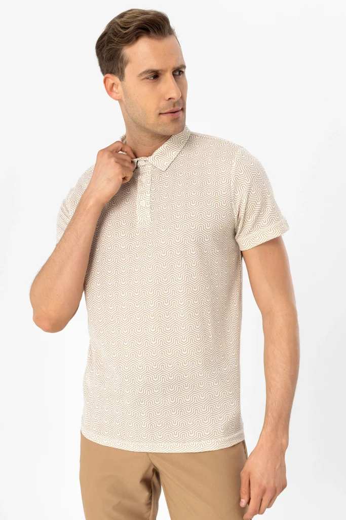 Футболка с узором поло, Slim Fit, 100% полиэстер, цвет экрю, размеры XL, L, M, XXL, Турецкое производство — изображение 4