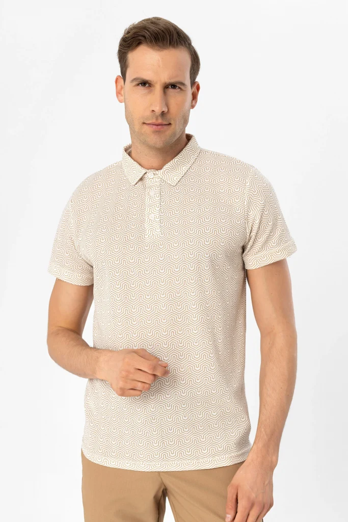 Футболка с узором поло, Slim Fit, 100% полиэстер, цвет экрю, размеры XL, L, M, XXL, Турецкое производство — изображение 5