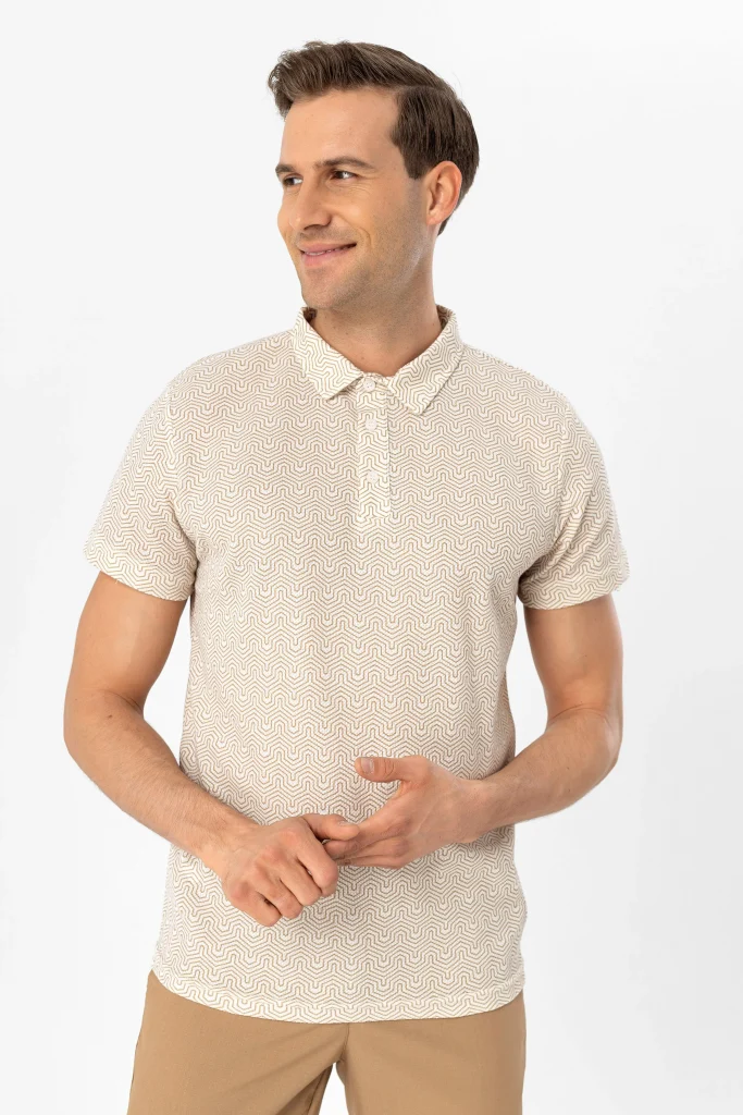 Футболка с узором поло, Slim Fit, 100% полиэстер, цвет экрю, размеры XL, L, M, XXL, Турецкое производство — изображение 3