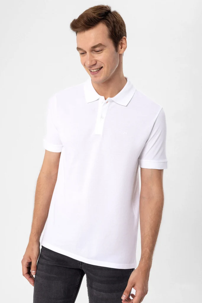 Поло с коротким рукавом Slim Fit из 100% хлопка, с рисунком и воротником-поло, белый, размеры XL и XXL, произведено в Турции — изображение 3