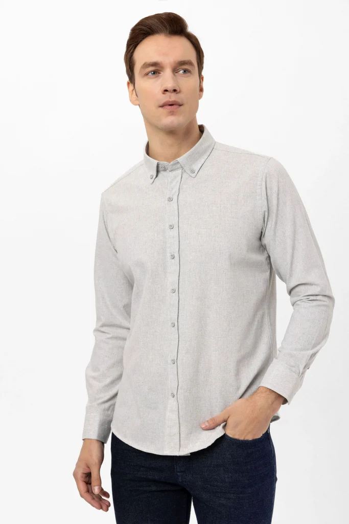 Серый slimfit рубашка с угловыми манжетами, 50% хлопок, 50% полиэстер, для бизнес-кэжуал, модель с кнопками, производство Турция — изображение 3
