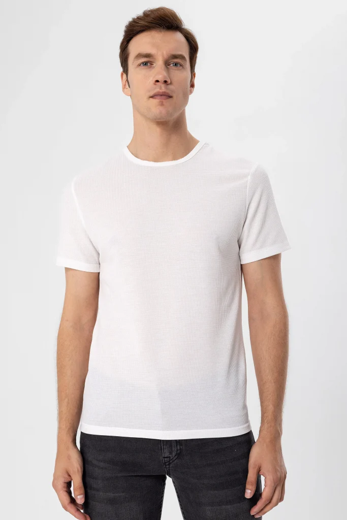 Мужская футболка с о-образным вырезом, slim fit, белая, с амбруры, 65% полиэстер, 35% вискоза, размер XXL, производство Турция